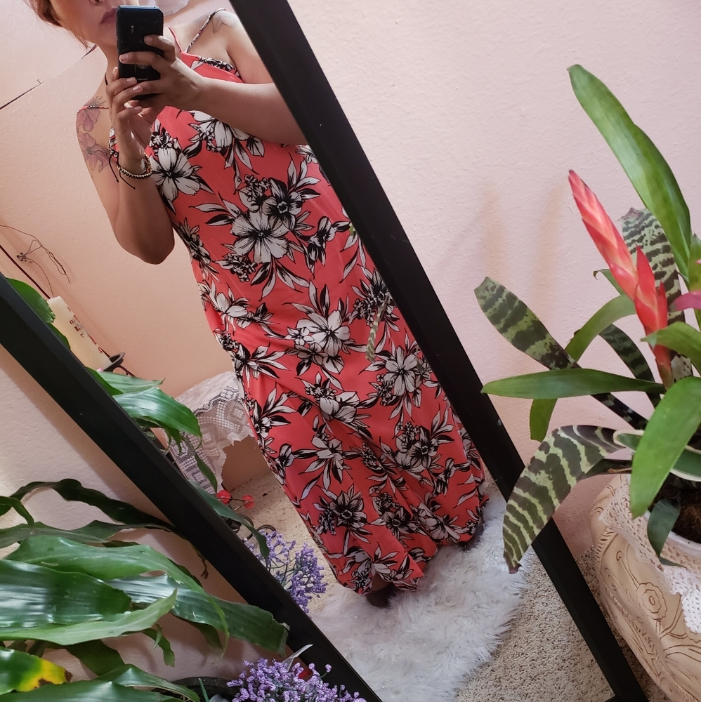 Nymphe Coral Flower Print Rayon Gauze Open Back Maxi  Small, Medium, Large